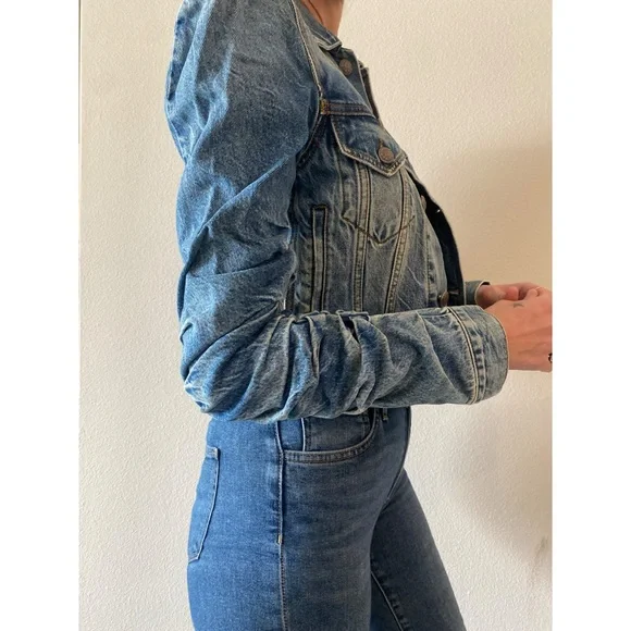 R13 Distressed Denim Jacket Structured Ruched Sleeve Jean Jacket | The Attico - Picture 5 of 13